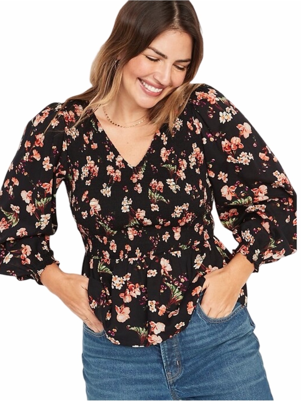 Old Navy Black Floral Smocked Peplum Blouse